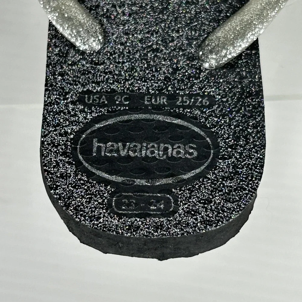Havaianas Girls Size 9C 9 C Glittery Silver Black Flip Flops Sparkle Thong Child